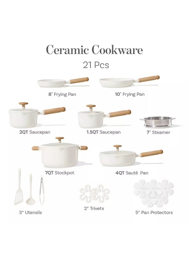 كاروت طقم أواني كاروت 21 قطعة سيراميك غير لاصق لطهي صحي خالٍ من PFAS، بأغطية سيليكون بمصفاة مزدوجة وقاعدة توزيع حرارة متساوٍ، متوافق مع جميع المواقد وآمن لغسالة الصحون (كريمي) - Image 2